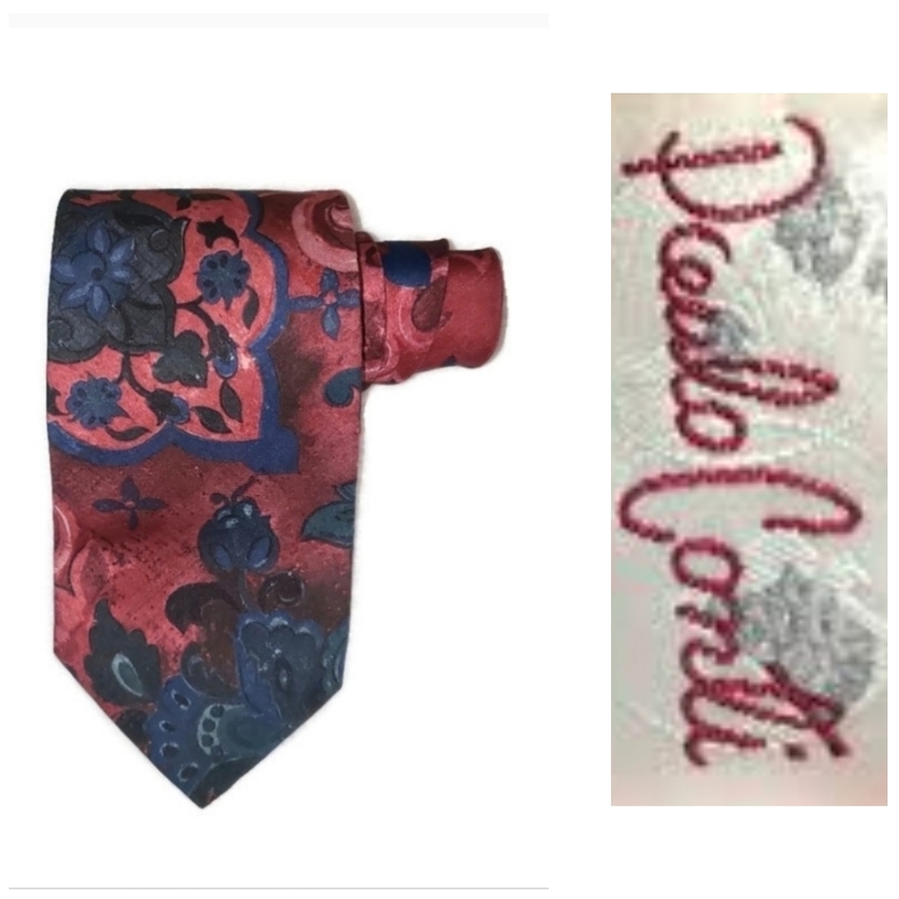Paulo Conti Mens Necktie with a red background & multiple colors of blue pattern